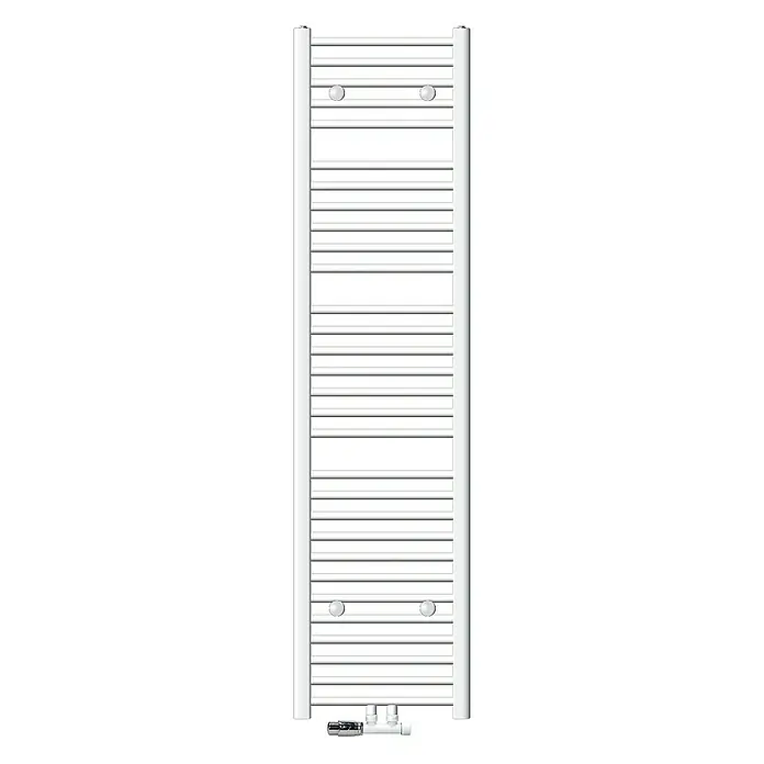 LuxeBath Badheizkörper Mittelanschluss gebogen mit Eckform Thermostatventil Handtuchwärmer - B x H: 40 x 180 cm, Weiß - Ein weißer Handtuchwärmer mit horizontalen Stangen und seitlichen vertikalen Stützen, inklusive Ventile am unteren Ende.