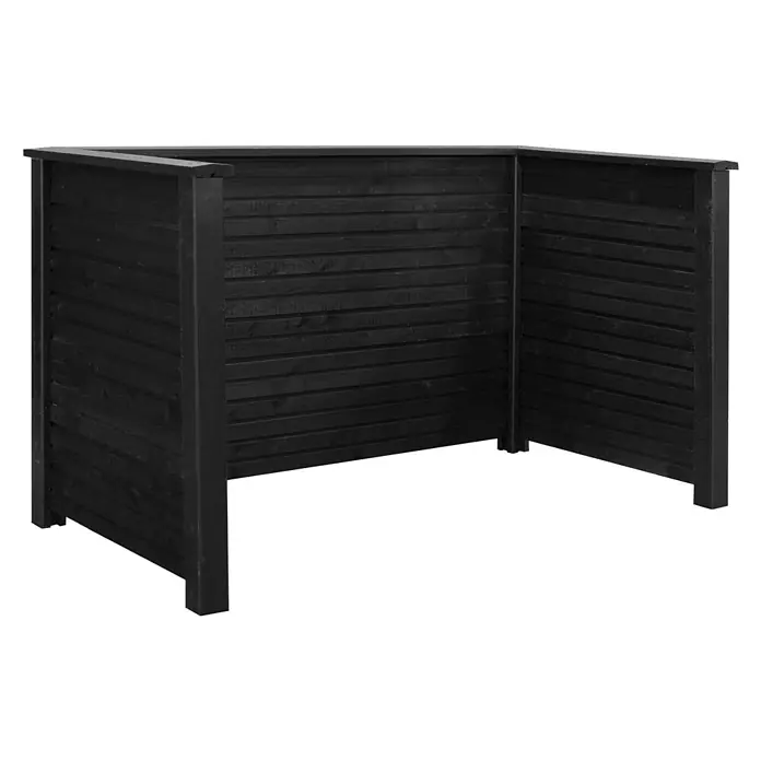 Plus Mülltonnenverkleidung Plank - 194 x 97 x 108 cm, Holz, Schwarz RAL 9005 - Das Bild zeigt einen dreiteiligen, schwarzen Sichtschutz aus Holzlatten, ideal für den Garten oder die Terrasse. Der Windschutz bietet Privatsphäre im Freien.