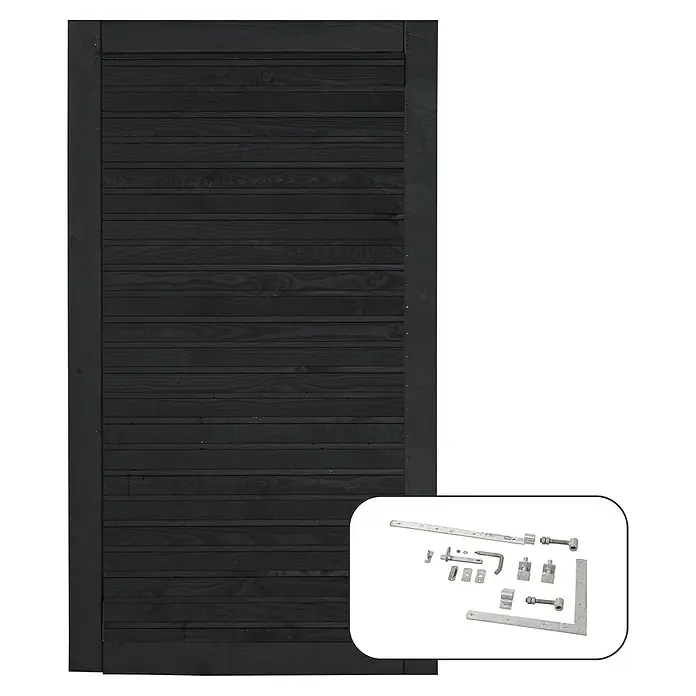 Plus Gartentor Plank Inkl. Beschläge - L x B x H: 163 x 100 x 4,4 cm, Fichte, Schwarz RAL 9005 - Schwarzes Holztor mit Beschlägen. Das Tor hat eine horizontale Bretterstruktur und wird mit einem Beschlagsatz geliefert.