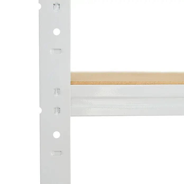 shelfplaza Schwerlastregal HOME - H x B x T: 190 x 90 x 60 cm, Traglast pro Boden: 175 kg, Stecken, weiß - Nahaufnahme eines weißen Metallregals mit Holzboden, das Stabilität und Funktionalität für Lagerzwecke bietet.