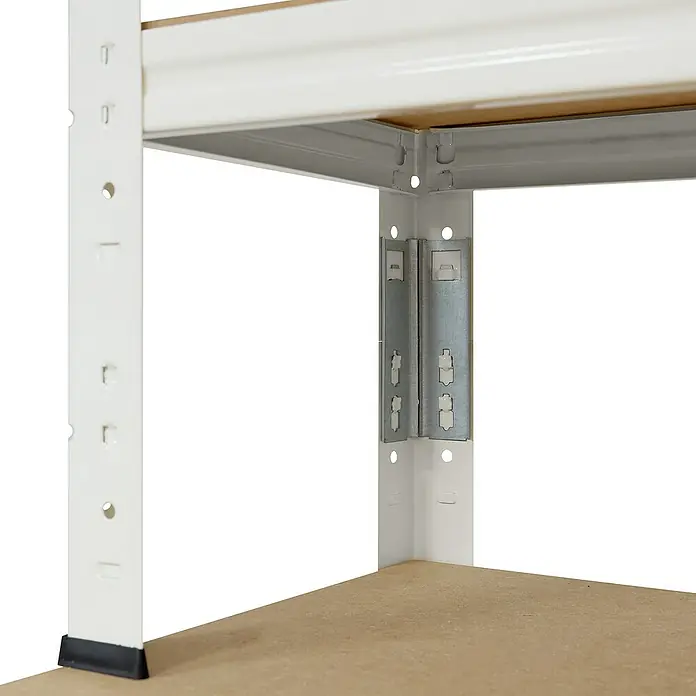 shelfplaza Schwerlastregal HOME - H x B x T: 190 x 90 x 60 cm, Traglast pro Boden: 175 kg, Stecken, weiß - Nahaufnahme eines weißen Metallregals mit Holzregalböden, das seine robuste Konstruktion und Funktionalität hervorhebt.