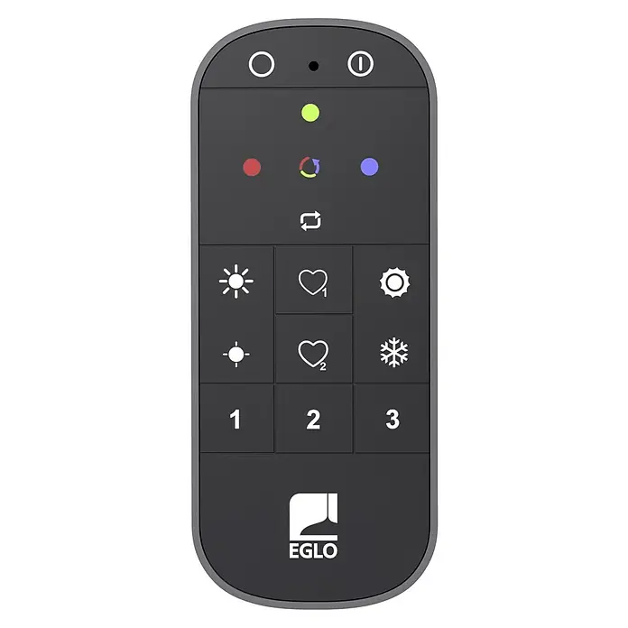 Eglo connect.z LED-Deckenleuchte rund Maltignano-Z - 18,5 W, Ø x H: 38 x 8,2 cm, Weiß, RGBW - Abbildung einer EGLO-Fernbedienung mit verschiedenen Tasten zur Steuerung von Lichtfunktionen und Helligkeitseinstellungen.