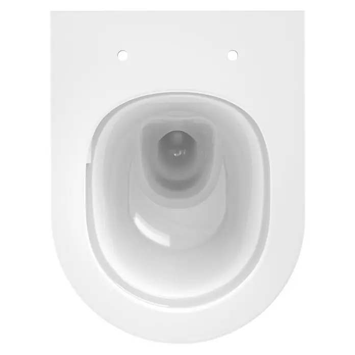 Camargue Wand-WC-Set Plus 50 3.0 - Spülrandlos, WC Abgang: Waagerecht, Weiß - Nahaufnahme einer weißen Toilette, die ein elegantes und modernes Design zeigt, ideal für jedes Badezimmer.