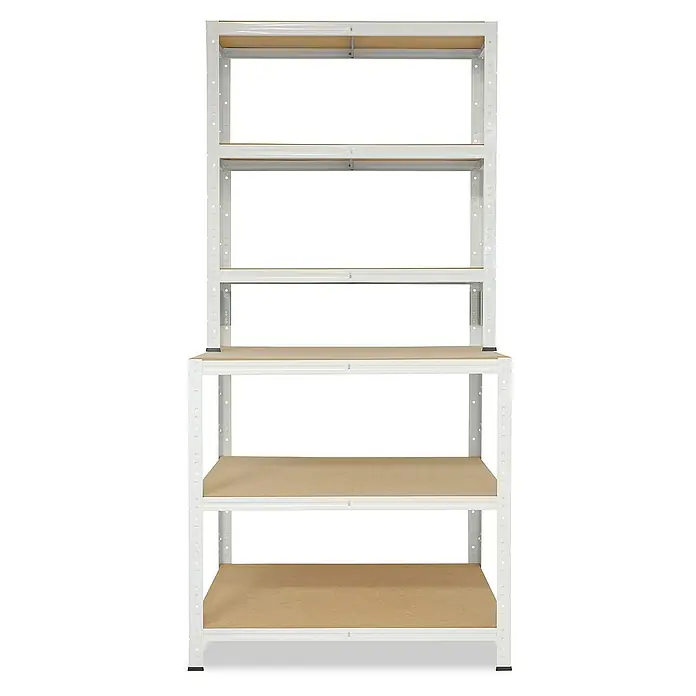 shelfplaza Schwerlastregal HOME - H x B x T: 190 x 90 x 60 cm, Traglast pro Boden: 175 kg, Stecken, weiß - Ein weißes, hohes Lagerregal mit mehreren Holzböden, ideal für die Aufbewahrung in Garage oder Keller. Robust und vielseitig.