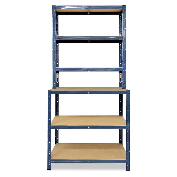 shelfplaza Schwerlastregal HOME - H x B x T: 190 x 100 x 60 cm, Traglast pro Boden: 175 kg, Stecken, blau - Ein blaues Regal mit Holzregalböden, ideal für die Aufbewahrung von Werkzeugen oder anderen Gegenständen. Es ist robust und einfach zu montieren.