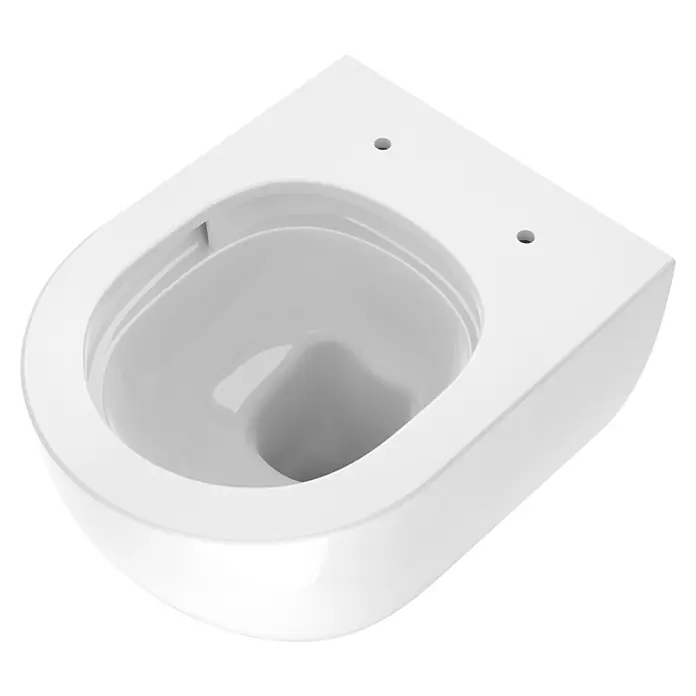 Camargue Wand-WC-Set Plus 50 3.0 - Spülrandlos, WC Abgang: Waagerecht, Weiß - Nahaufnahme einer weißen wandhängenden Toilette. Dieses moderne WC zeichnet sich durch ein minimalistisches und schlankes Design aus.