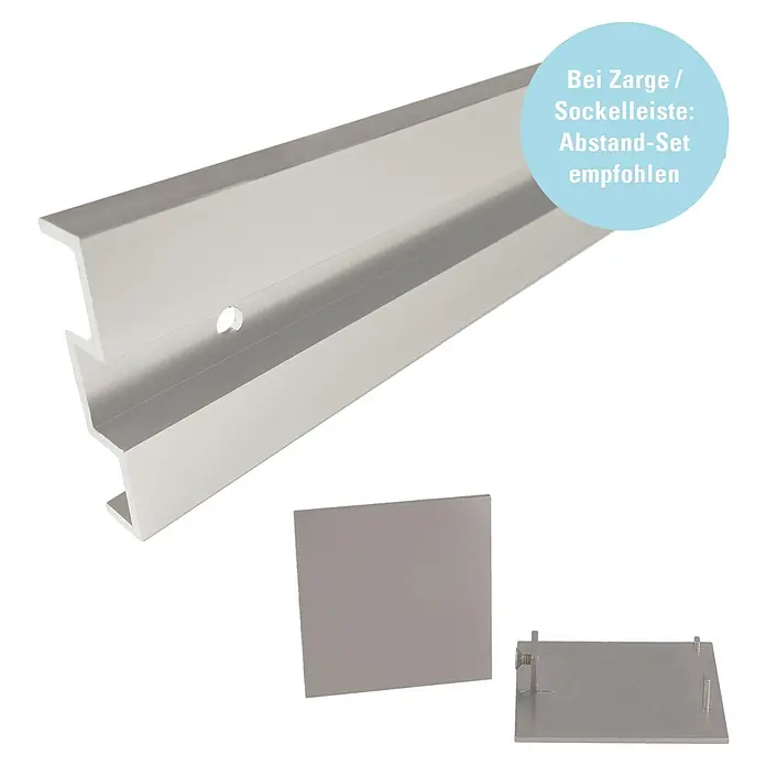 Diamond Doors Abstands-Set Linea 60 2.0 - Edelstahloptik, 2.200 x 18,5 x 63,5 mm, Passend für: Diamond Doors Glasschiebetür-Beschlag Linea 60 2.0 - Bild einer silbernen Sockelleiste, empfohlen für Zarge und Sockelleiste mit Abstand-Set für eine einfache und präzise Montage.