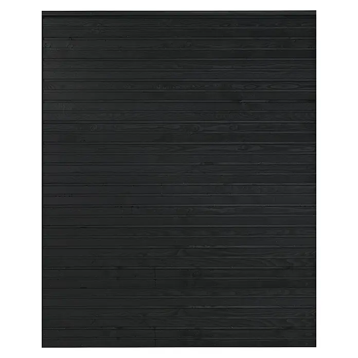 Plus Profilholz Plank - L x B x H: 203 x 174 x 2,5 cm, Schwarz RAL 9005 - Schwarze Holzplanken bilden eine dunkle, strukturierte Wand, die Tiefe und Schatten in das Bild bringt.