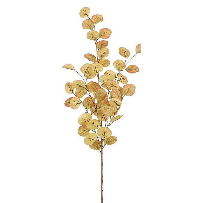 Kunstzweig Eucalyptus - 95 cm, Hellgelb, Kunststoff - Goldener Eukalyptuszweig mit runden Blättern, ideal für festliche Dekorationen oder als stilvolles Element in Blumenarrangements.
