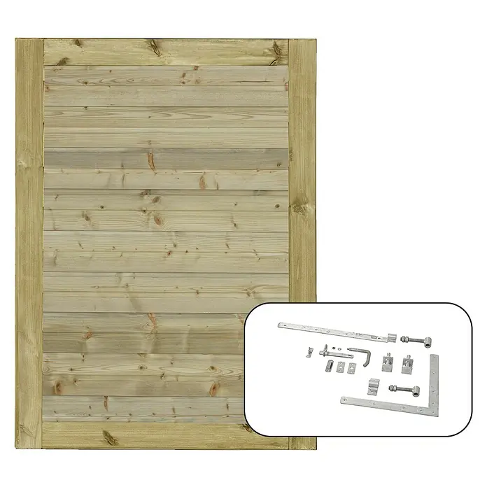 Plus Gartentor Plank - L x B x H: 125 x 100 x 4,4 cm, Fichte, Natur - Ein Holzzaun mit Beschlägen. Der Zaun ist aus hellem Holz gefertigt, und die Beschläge sind aus Metall, das sich in einer abgerundeten Ecke befindet.
