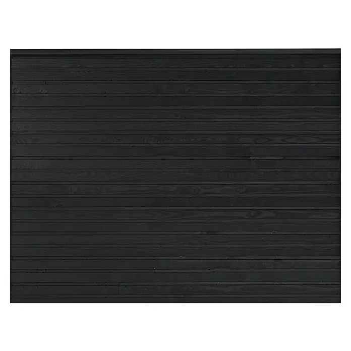 Plus Profilholz Plank - L x B x H: 129 x 174 x 2,5 cm, Schwarz RAL 9005 - Nahaufnahme einer schwarzen Holzwand mit horizontalen Brettern, die eine rustikale Textur und ein modernes Aussehen verleihen.
