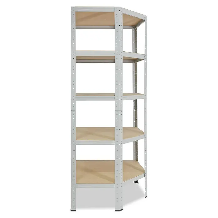 shelfplaza Schwerlastregal OFFICE - H x B x T: 200 x 80 x 50 cm, Traglast pro Boden: 175 kg, Stecken, lichtgrau - Nahaufnahme eines grauen Schwerlastregals mit fünf Regalböden aus Holz, das sich ideal für die Lagerung eignet.
