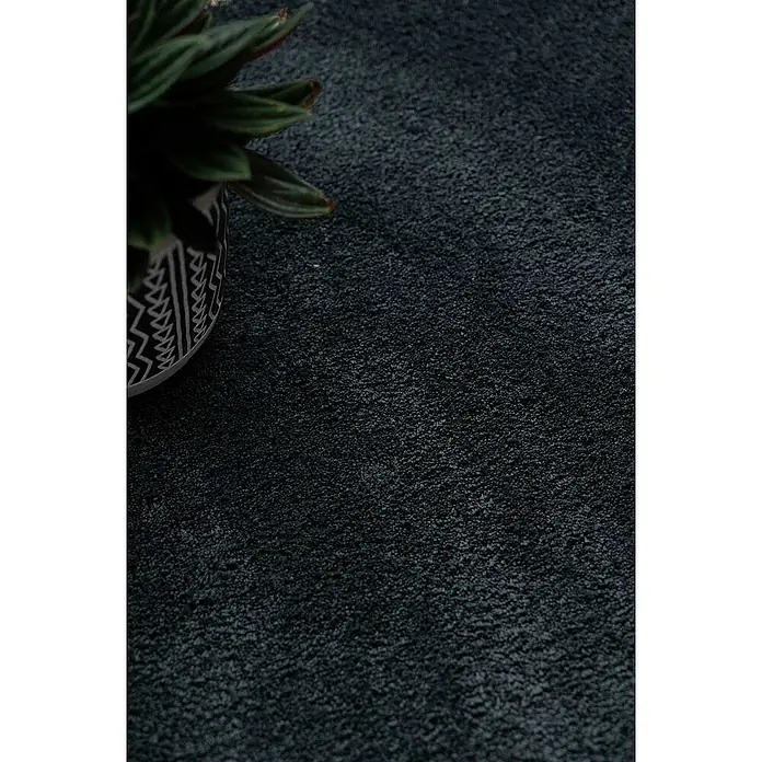 Bricoflor Teppichfliese - Breite: 50 cm, Velours, grau - Nahaufnahme einer Zimmerpflanze in einem Topf mit Zickzackmuster vor dunklem, strukturiertem Hintergrund.