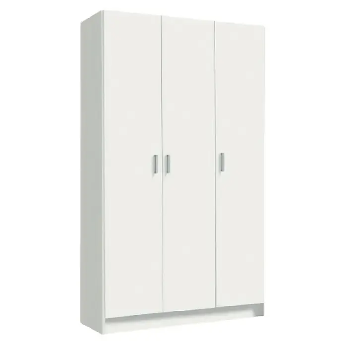 Armario multiusos de madera - L x An x Al: 37 x 109 x 180 cm, Blanco, Con 3 puertas y escobero. - Un armario blanco de tres puertas con manijas. Este mueble ofrece un amplio espacio de almacenamiento y complementa las decoraciones modernas.