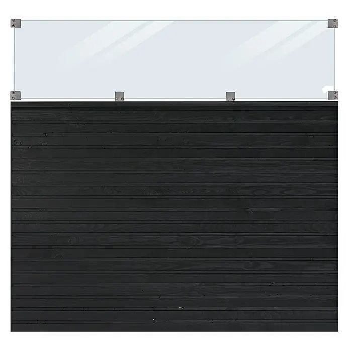 Plus Sichtschutzelement Plank Inkl. Glas - L x B x H: 163 x 174 x 2,5 cm, Schwarz RAL 9005 - Schwarze Holzwand mit einer klaren Glasscheibe und silbernen Halterungen.