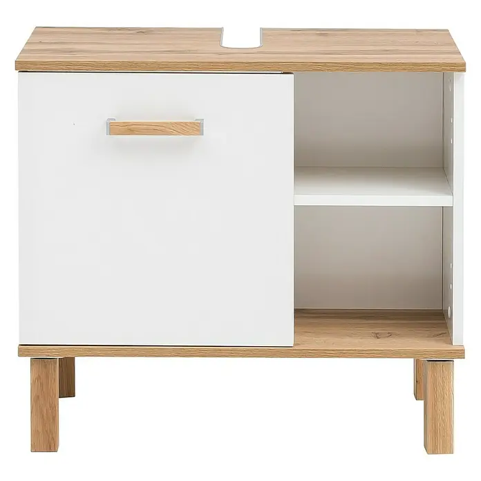 Schildmeyer Padua Waschtischunterschrank - 65 x 35 x 60 cm, Weiß/Eiche - Badezimmerschrank in Weiß und Holzoptik mit einer Tür und einem offenen Regal. Perfekt für die Aufbewahrung im Bad.