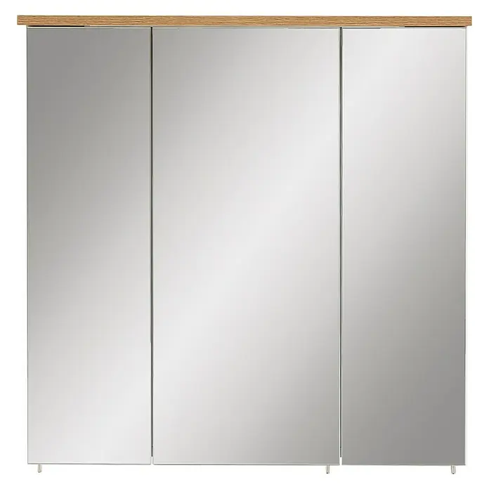 Schildmeyer LED-Spiegelschrank Jelda/Padua - B x H: 70,5 x 72,3 cm, Weiß/Eiche - Spiegelschrank mit drei Türen und Holzrahmen. Der Spiegelschrank ist ideal für das Badezimmer und bietet viel Stauraum.