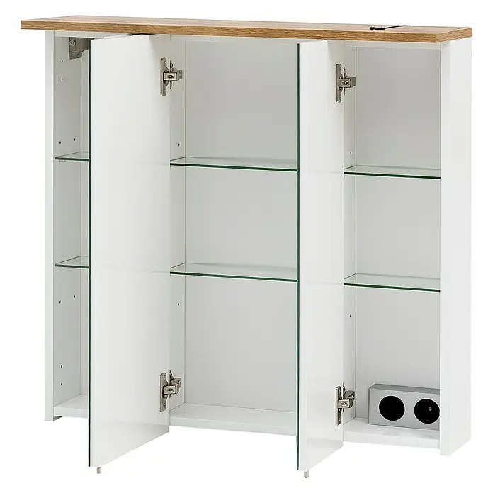 Schildmeyer LED-Spiegelschrank Jelda/Padua - B x H: 70,5 x 72,3 cm, Weiß/Eiche - Ein offener Badezimmerschrank mit drei Türen, weißen Oberflächen und Glasböden. Die Oberseite ist in einem Holzton gehalten.