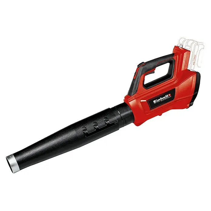 Einhell Professional Akku-Laubbläser GP-LB 36/210 Li E-Solo - 18 V, Ohne Akku, Blasgeschwindigkeit: 210 km/h, Blasleistung: 816 m³/min - Das Bild zeigt einen roten Akku-Laubbläser von Einhell, mit einem schwarzen Blasrohr. Der Laubbläser ist vor einem weißen Hintergrund abgebildet.