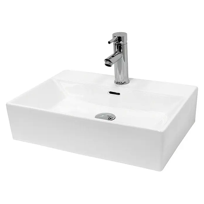 LuxeBath Aufsatzwaschbecken Waschschale Aufsatzwaschtisch Weiß inkl. Ablaufgarnitur mit Überlauf - Ohne Spezialglasur, Weiß - Ein modernes, rechteckiges Aufsatzwaschbecken in Weiß mit einer eleganten Chromarmatur. Perfekt für stilvolle Badezimmer.