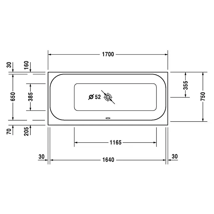 Duravit Happy D.2 Badewanne - 170 x 75 cm, Sanitäracryl, Weiß, Rückenschräge links - Bild einer Badewannen-Skizze mit Maßen. Die Badewanne ist rechteckig mit abgerundeten Enden und mittigem Abfluss.