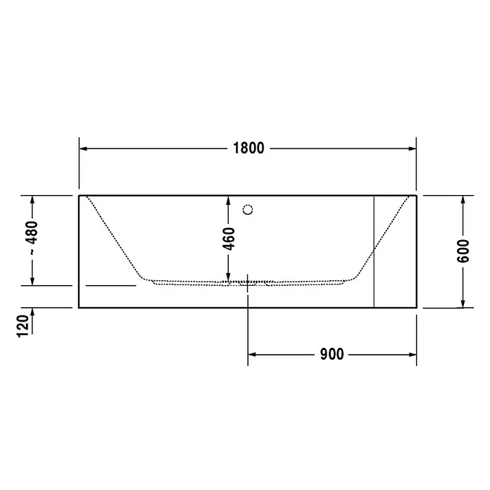 Duravit Happy D.2 Badewanne - 180 x 80 cm, Sanitäracryl, Weiß, Links - Abbildung einer Badewanne mit den Maßen 1800 x 600 mm und einer Tiefe von 460 mm.\n