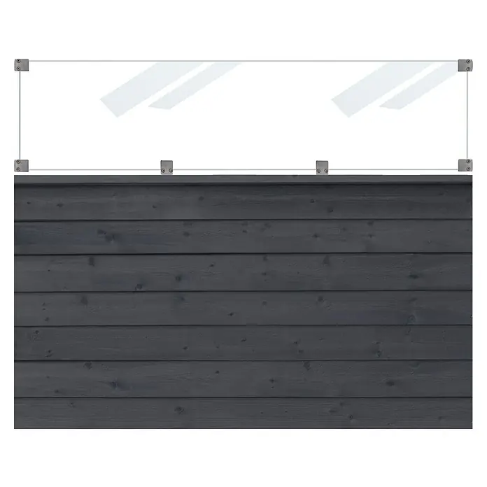 Plus Sichtschutzelement Klink inkl. Glas - L x B x H: 125 cm x 174 mm x 2,7 cm, Holz, Schwarz RAL 9005 - Nahaufnahme einer grauen Holzwand mit einem Metallrahmen, der das Gesamtbild des Produkts hervorhebt.