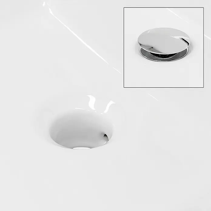 LuxeBath Aufsatzwaschbecken Waschschale Aufsatzwaschtisch Weiß inkl. Ablaufgarnitur mit Überlauf - Ohne Spezialglasur, Weiß, Silber - Nahaufnahme eines Waschbeckens mit einem glänzenden Chromstöpsel. Das minimalistische Design betont die Sauberkeit.