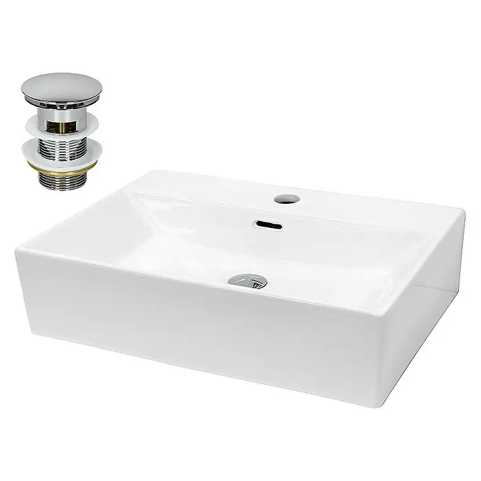 LuxeBath Aufsatzwaschbecken Eckig 605x365x130 mm Weiß Ablaufgarnitur Chrom - Ohne Spezialglasur, Weiß - Waschbecken-Set: Elegantes weißes Keramikwaschbecken mit Chrom-Ablaufgarnitur für ein modernes Badezimmerdesign.