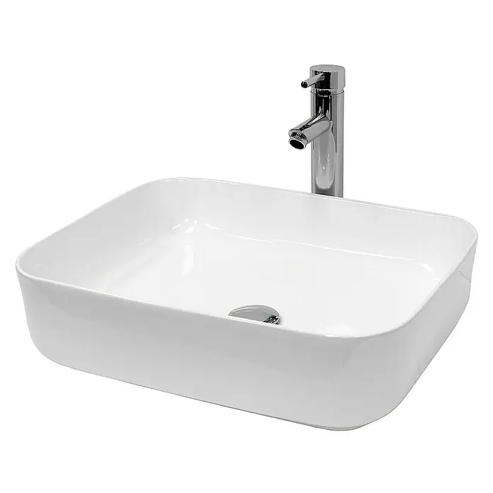 LuxeBath Aufsatzwaschbecken Aufsatzwaschtisch Weiß inkl. Ablaufgarnitur ohne Überlauf Waschschale - Ohne Spezialglasur, Weiß - Nahaufnahme eines modernen, rechteckigen Aufsatzwaschbeckens aus weißer Keramik mit Chromarmatur, das ein elegantes Badezimmerdesign zeigt.