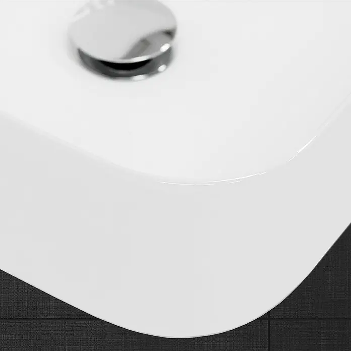 LuxeBath Aufsatzwaschbecken Aufsatzwaschtisch Weiß inkl. Ablaufgarnitur ohne Überlauf Waschschale - Ohne Spezialglasur, Weiß - Nahaufnahme eines modernen, weißen Waschbeckens mit glänzendem Abflussstopfen, das auf dunklen Fliesen steht. Das Becken besticht durch seine klaren Linien.