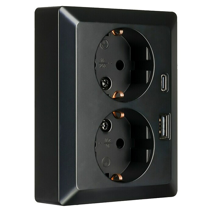 Ion Inbouwstopcontact 2-voudig + USB A en C (Zwart) | BAUHAUS
