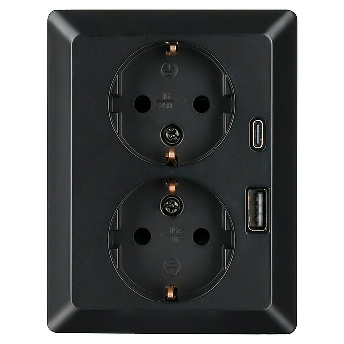 Ion Inbouwstopcontact 2-voudig + USB A en C (Zwart) | BAUHAUS