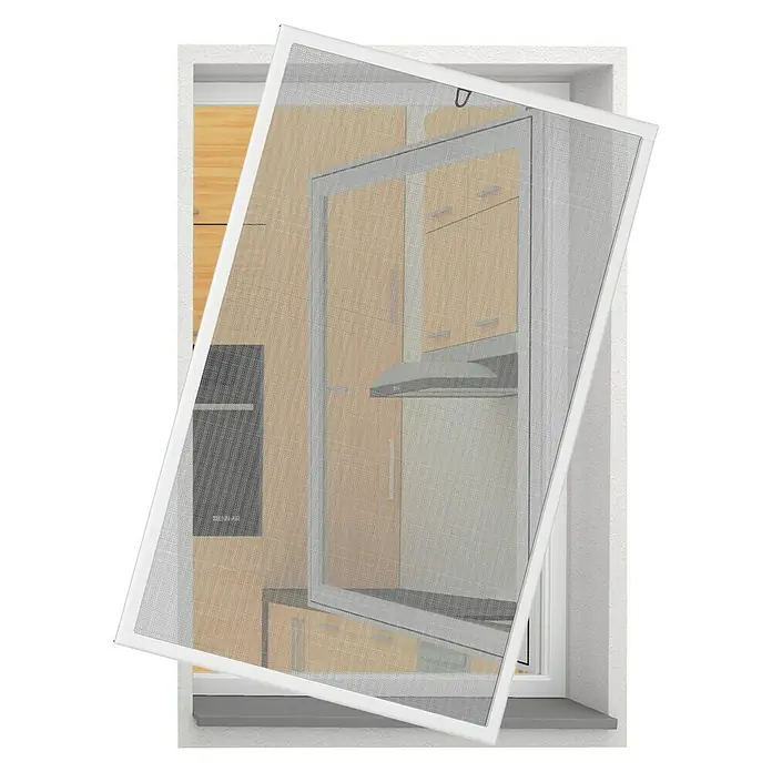 Easy Life easyLINE 2 Insektenschutzfenster - B x H: 100 x 120 cm, Weiß, Montage Insektengitter: Klemmen - Nahaufnahme eines Fensters mit einem eleganten Insektenschutzgitter, das vor einem modernen Küchenhintergrund steht.