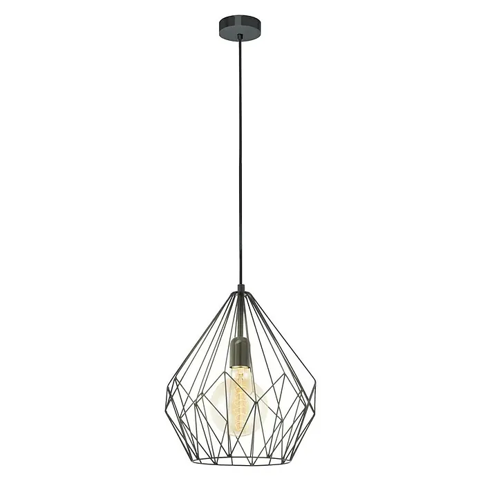 Eglo Lámpara colgante redonda Carlton - Altura: 110 cm, Negro - Lámpara colgante moderna con diseño geométrico. La lámpara tiene un marco de metal negro y una bombilla de luz blanca cálida.