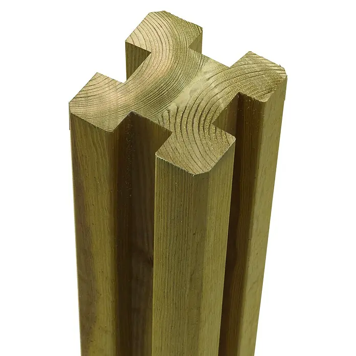 Plus Holzpfosten 4 Nuten - L x B x H: 298 x 9 x 9 cm, Kiefer, Natur - Detailaufnahme eines kreuzförmigen, goldfarbenen Holzpfostens, der die natürliche Maserung und Textur des Holzes hervorhebt.