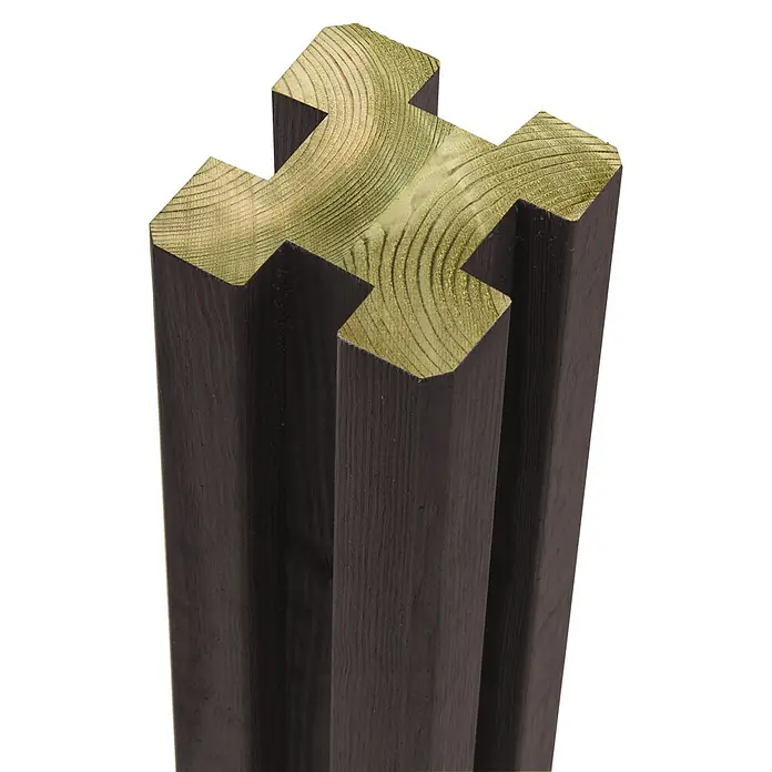 Plus Holzpfosten 4 Nuten - L x B x H: 298 x 9 x 9 cm, Kiefer, Schwarz RAL 9005 - Nahaufnahme eines innovativen Holzpfostens, der sich durch sein einzigartiges, sternförmiges Design auszeichnet.