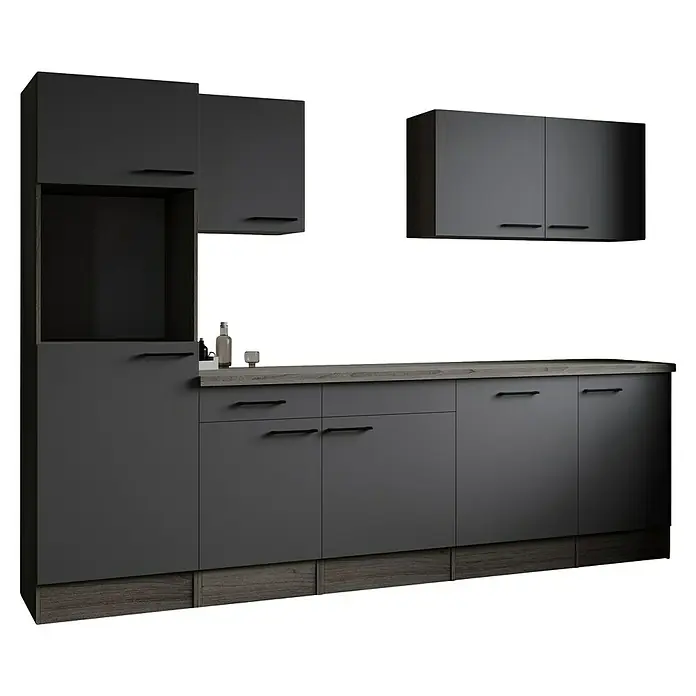 Respekta Olivia Küchenleerblock - Breite: 280 cm, Artisan Eiche Nachbildung Grau, Ohne Elektrogeräte, Schwarze Griffe - Graue Küche mit Arbeitsplatte in Holzoptik und schwarzen Griffen. Elegantes und modernes Design für Ihr Zuhause.