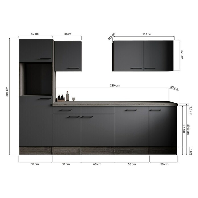 Respekta Olivia Küchenleerblock (Breite: 280 cm, Artisan Eiche Nachbildung Grau, Ohne Elektrogeräte, Schwarze Griffe) | BAUHAUS