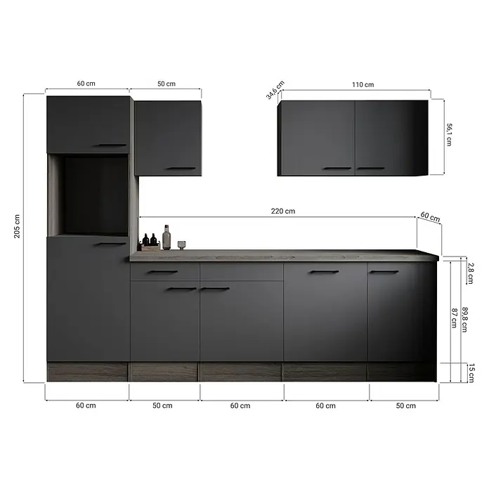 Respekta Olivia Küchenleerblock - Breite: 280 cm, Artisan Eiche Nachbildung Grau, Ohne Elektrogeräte, Schwarze Griffe - Abbildung einer modernen grauen Küche mit genauen Maßangaben für Schränke, Arbeitsplatte und Gesamthöhe.