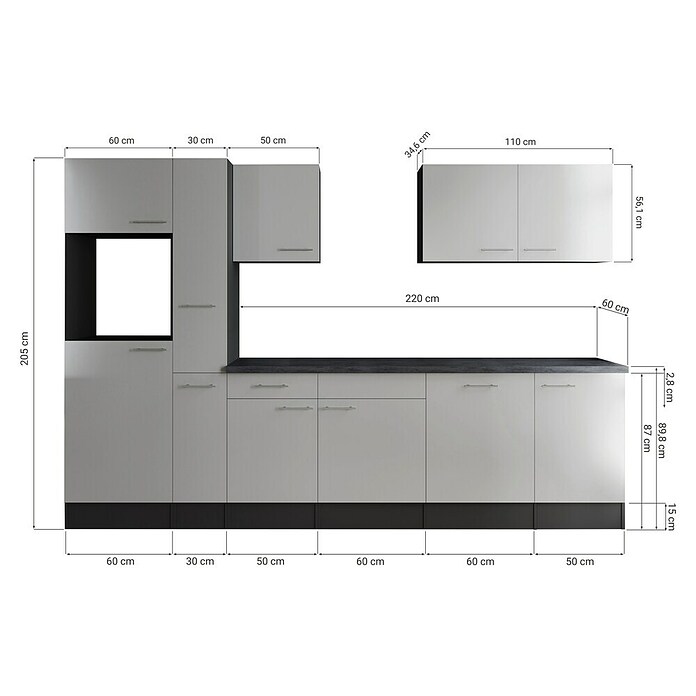 Respekta Olivia Küchenleerblock (Breite: 310 cm, Grau, Ohne Elektrogeräte, Silberne Griffe) | BAUHAUS