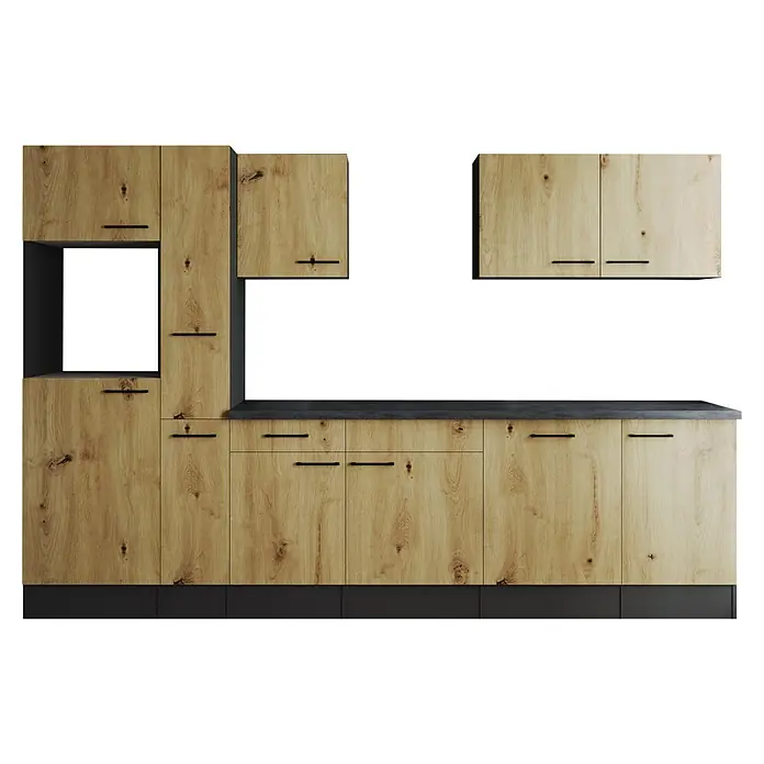 Respekta Olivia Küchenleerblock - Breite: 310 cm, Artisan Eiche Nachbildung, Ohne Elektrogeräte, Schwarze Griffe - Holzfarbene Küchenschränke mit schwarzen Griffen und Arbeitsplatten. Die Schränke bieten viel Stauraum in der Küche.