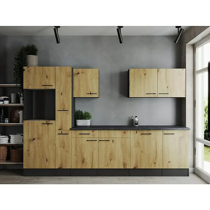 Respekta Olivia Küchenleerblock - Breite: 310 cm, Artisan Eiche Nachbildung, Ohne Elektrogeräte, Schwarze Griffe - Moderne Küche mit Holzfronten und schwarzem Akzenten. Die Küche ist funktional und stilvoll, perfekt für den modernen Haushalt.
