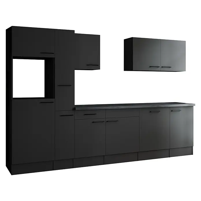 Respekta Olivia Küchenleerblock - Breite: 310 cm, Grau, Ohne Elektrogeräte, Schwarze Griffe - Graue Küchenschränke mit modernen Griffen. Elegantes und funktionales Küchendesign für zeitgemäßes Wohnen.