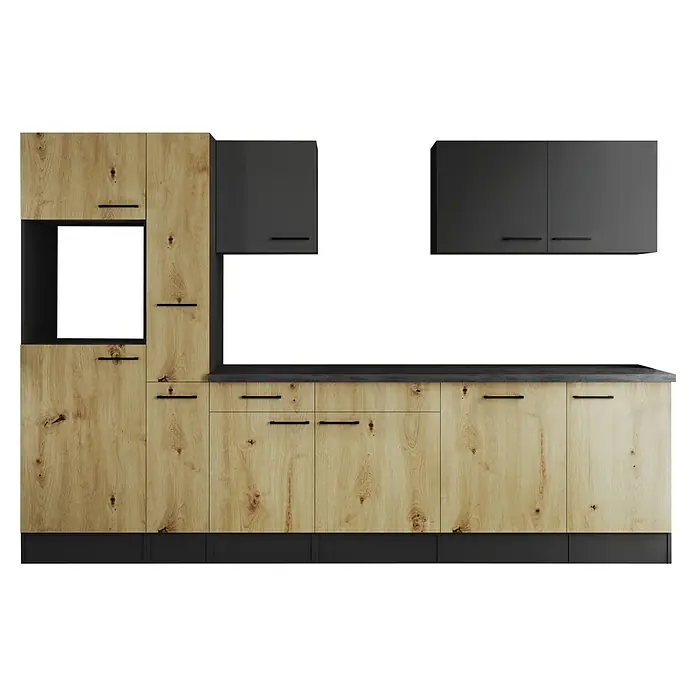 Respekta Olivia Küchenleerblock - Breite: 310 cm, Artisan Eiche Nachbildung/Grau, Ohne Elektrogeräte, Schwarze Griffe - Moderne Küche mit hellen Holzfronten und schwarzen Akzenten, inklusive Hängeschränken. Stilvolles Design für Ihr Zuhause.