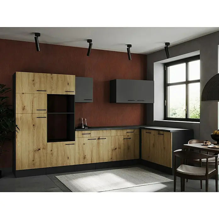 Respekta Olivia Winkelküche - Breite: 340 cm, Artisan Eiche Nachbildung/Grau, Ohne Elektrogeräte - Moderne Küche mit Holzfronten und schwarzen Akzenten, inklusive Hängeschränken und Beleuchtung für ein stilvolles Ambiente.