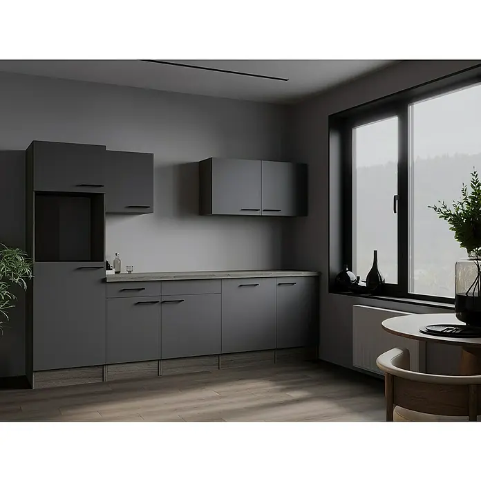 Respekta Olivia Küchenleerblock - Breite: 280 cm, Artisan Eiche Nachbildung Grau, Ohne Elektrogeräte, Schwarze Griffe - Moderne graue Küche mit minimalistischem Design und viel Stauraum, inklusive Fensterblick und Esstisch.