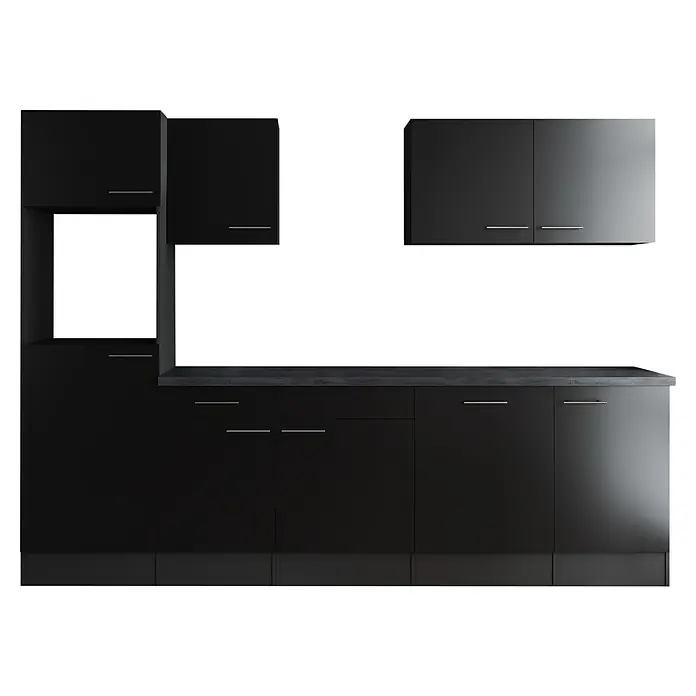 Respekta Olivia Küchenleerblock - Breite: 280 cm, Schwarz, Ohne Elektrogeräte, Silberne Griffe - Bild einer schwarzen modularen Küche mit Schränken, Schubladen und einem offenen Regal, die elegantes Design und praktische Aufbewahrungslösungen bietet.