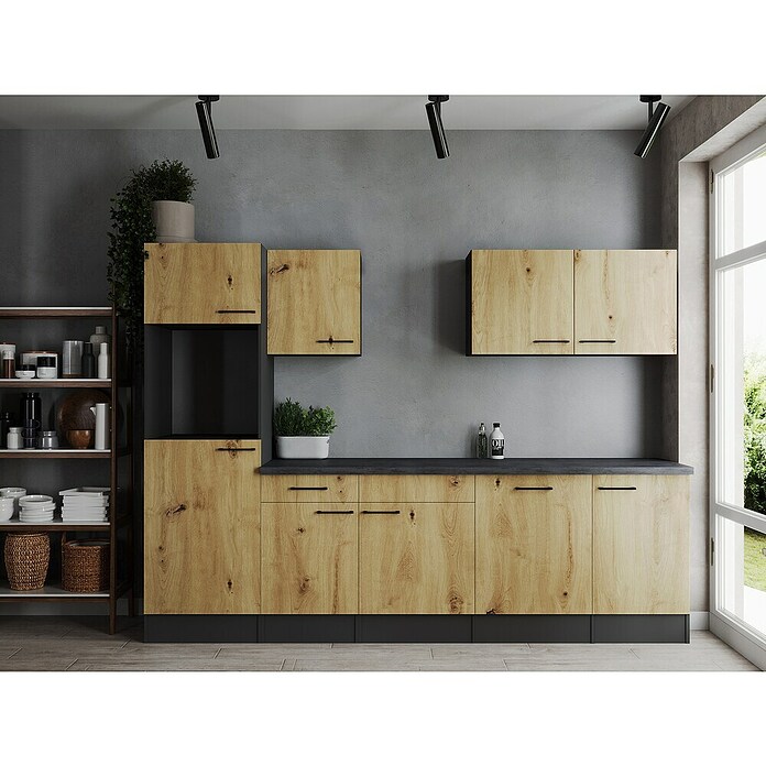 Respekta Olivia Küchenleerblock (Breite: 280 cm, Artisan Eiche, Ohne Elektrogeräte, Schwarze Griffe) | BAUHAUS