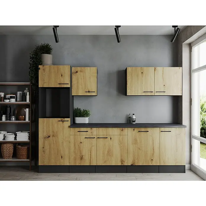 Respekta Olivia Küchenleerblock - Breite: 280 cm, Artisan Eiche, Ohne Elektrogeräte, Schwarze Griffe - Eine moderne Küche mit Holzfronten und schwarzen Akzenten. Die Küche ist hell und einladend, mit viel Stauraum.